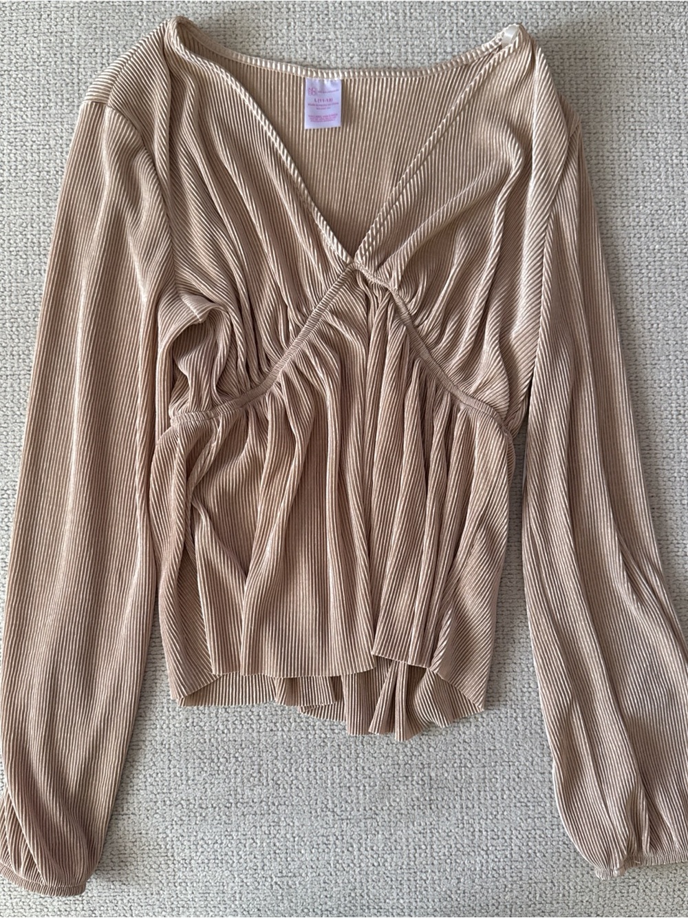 Plisse Long Sleeve Top in Beige